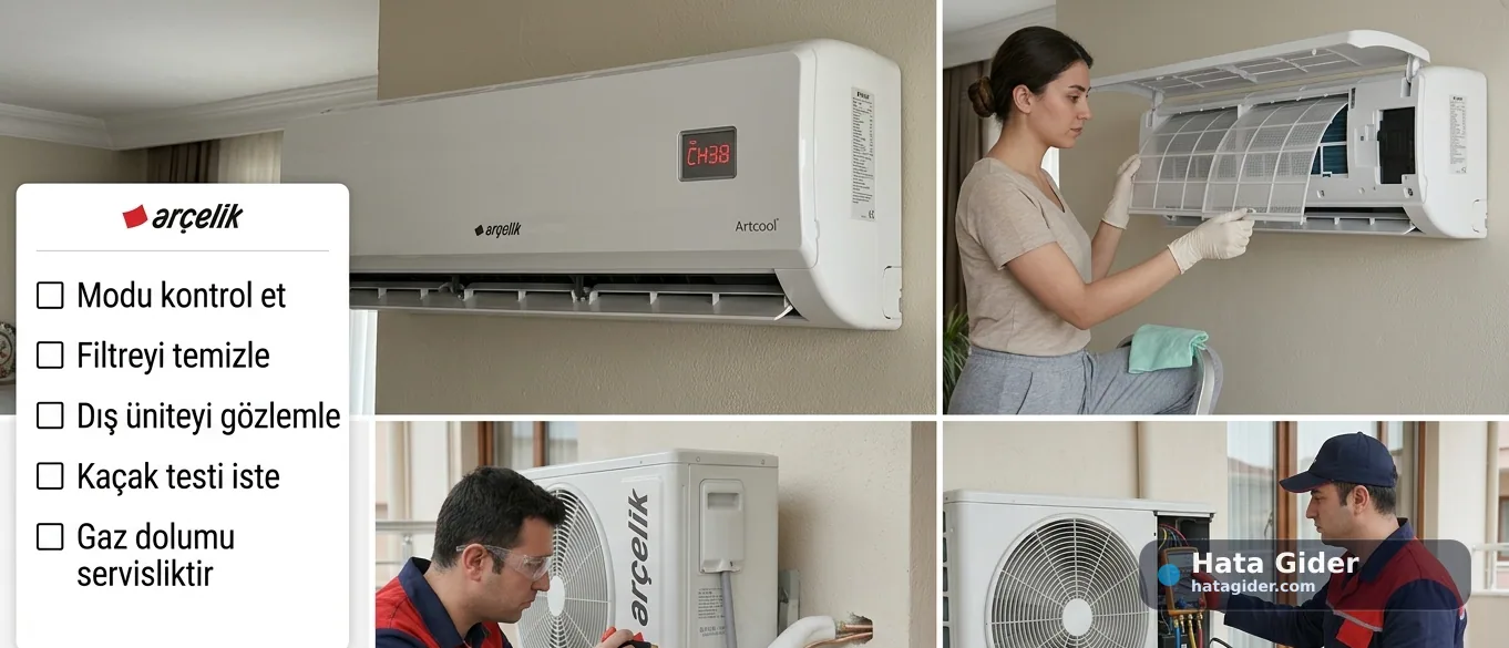 Arçelik klima CH38 çözümü filtre kontrolü kaçak testi ve gaz dolumu servisi