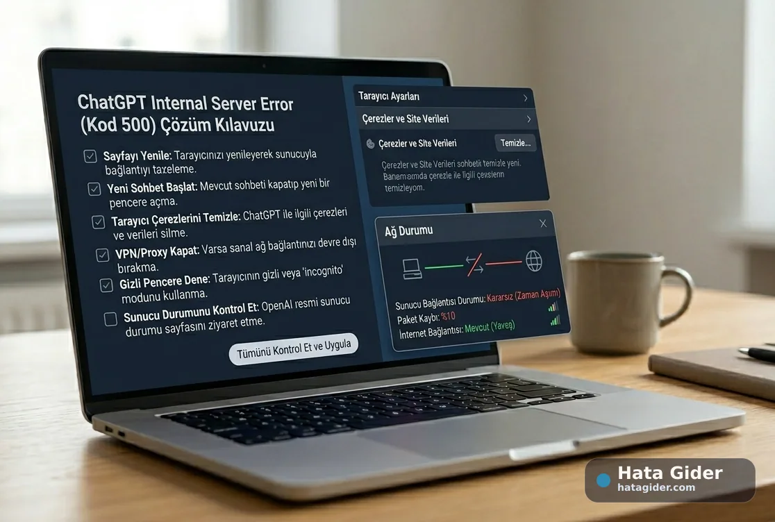 ChatGPT dahili sunucu hatası tarayıcı çerez VPN ve servis durumu çözümü