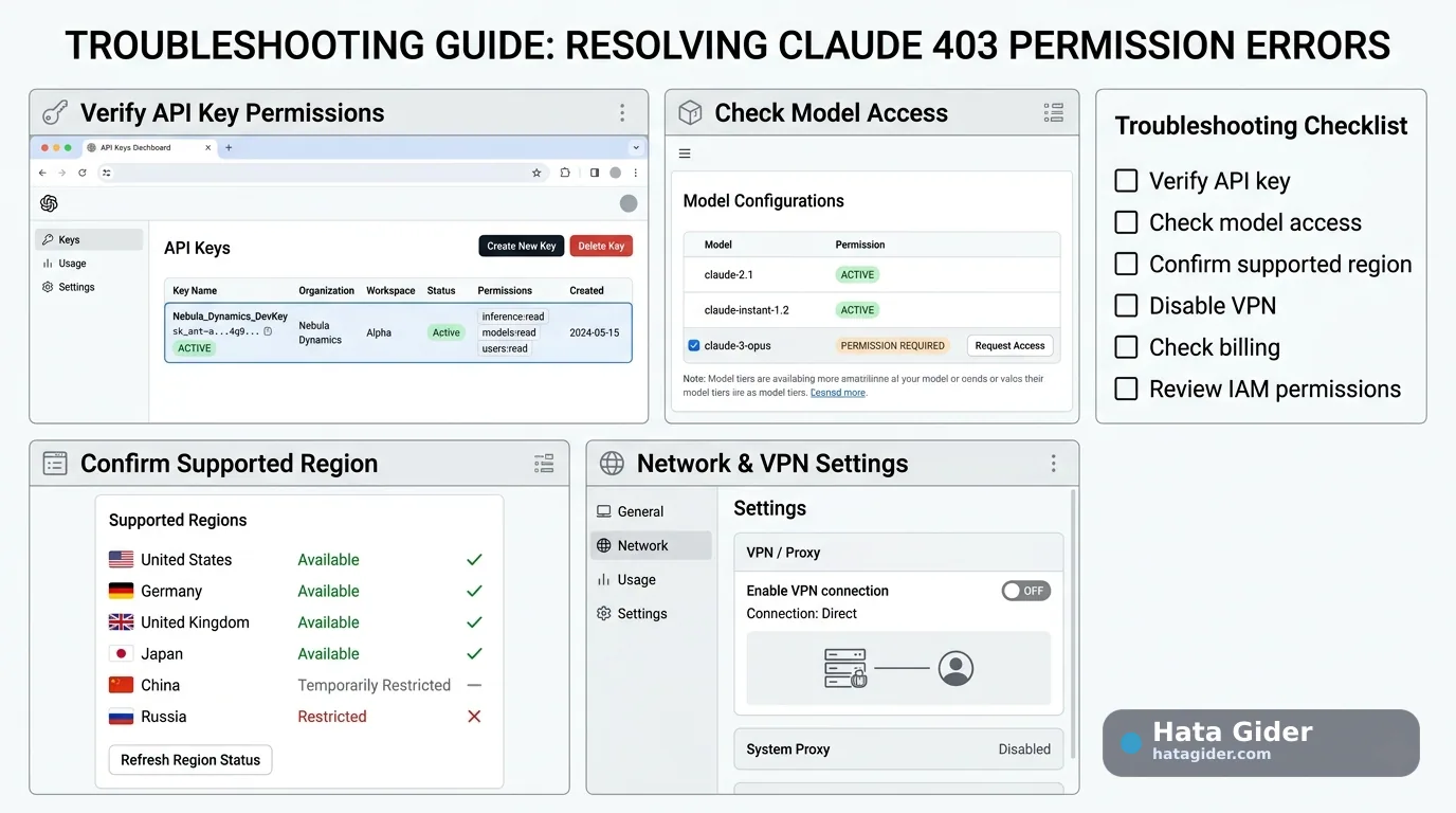 Claude 403 hatası API key model erişimi bölge ve VPN kontrolü