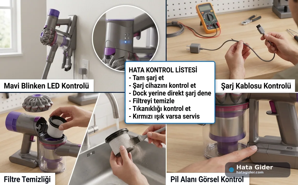 Dyson V8 mavi ışık çözümü şarj cihazı filtre tıkanıklık ve batarya kontrolü