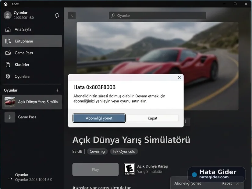 Forza Horizon 5 0x803F800B Game Pass abonelik lisans hatası
