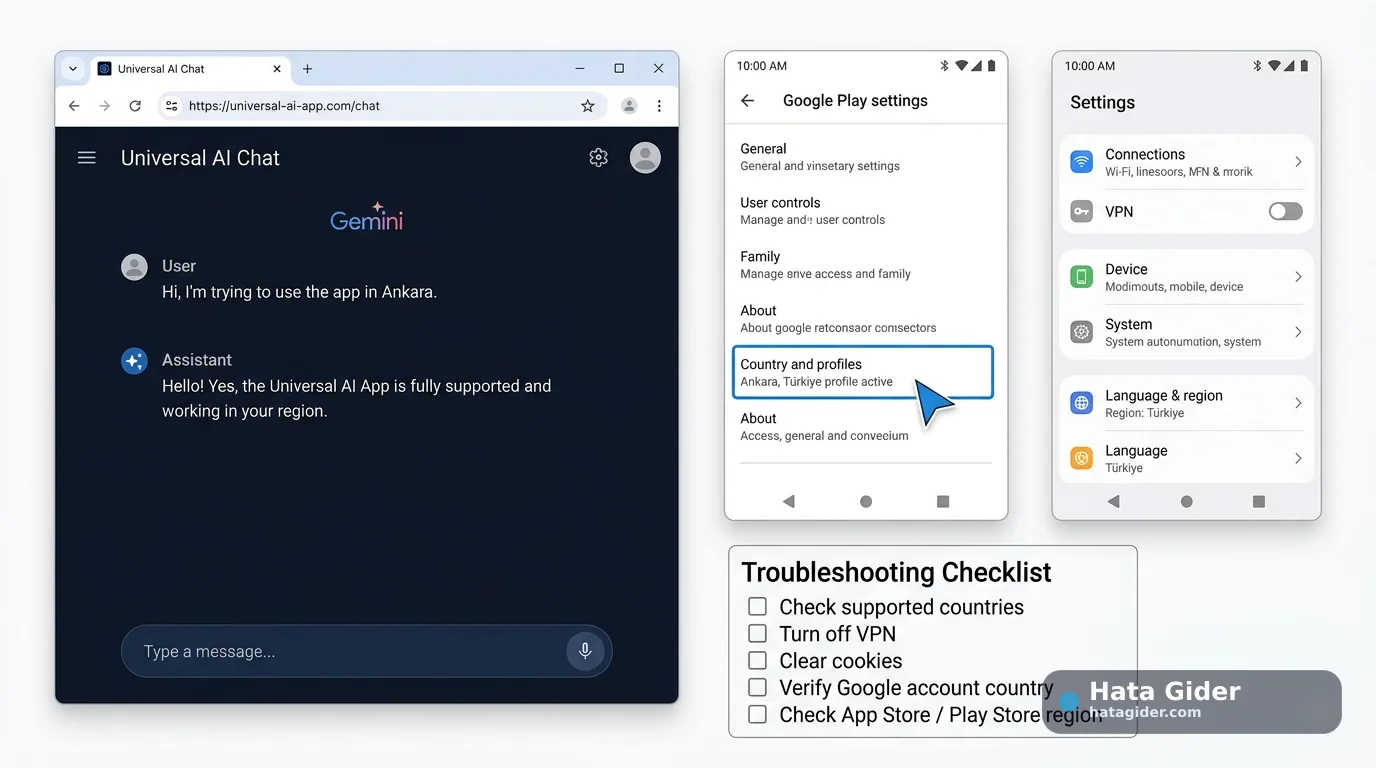 Gemini bölge hatası Google hesap ülkesi VPN ve uygulama mağazası kontrolü