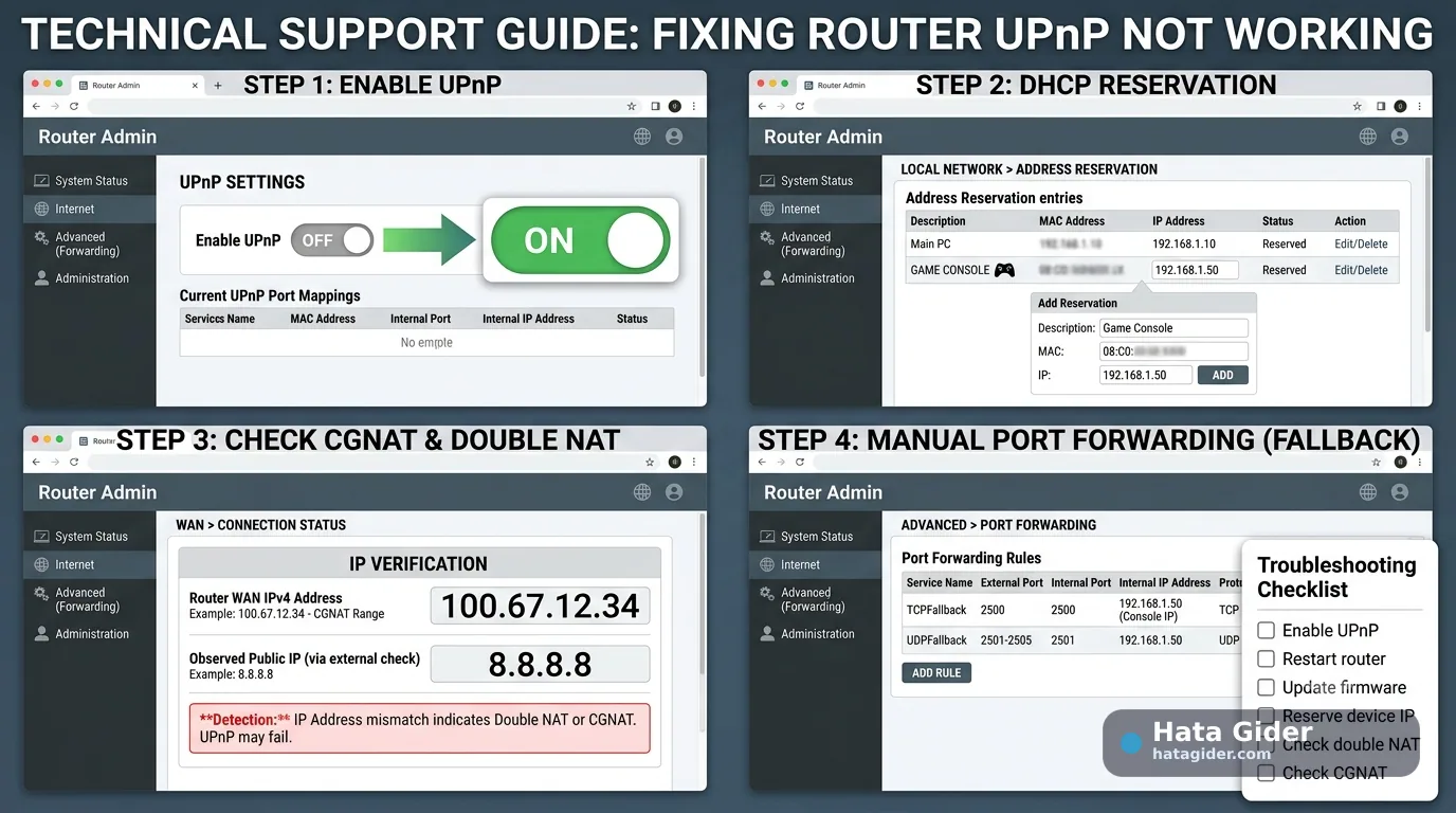 Modemde UPnP çalışmıyor çözümü sabit IP çift NAT CGNAT ve port yönlendirme