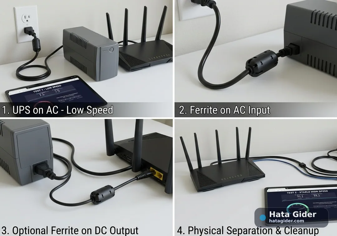 UPS AC giriş kablosuna ferrit takarak modem router parazit ve hız düşüşü çözümü