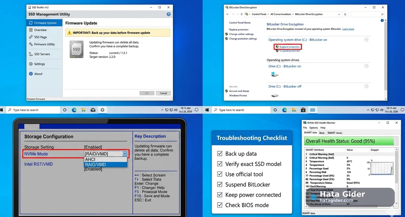 NVMe SSD firmware güncelleme hatası yedek BitLocker BIOS ve disk sağlığı çözümü