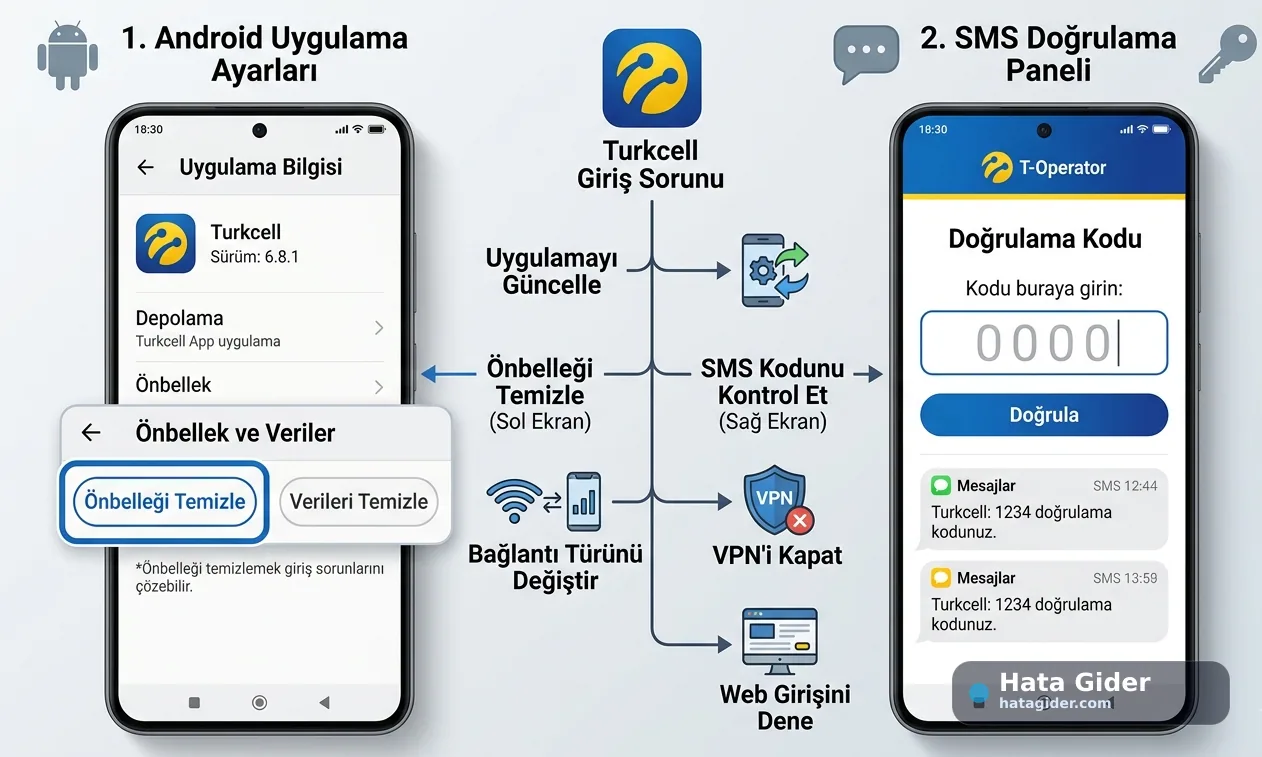 Turkcell uygulaması giriş sorunu SMS kod önbellek VPN ve bağlantı çözümü