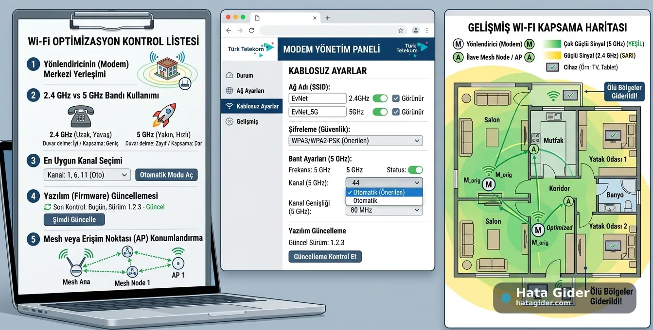 Wi-Fi sinyal güçlendirme modem konumu kanal ayarı ve mesh çözümü